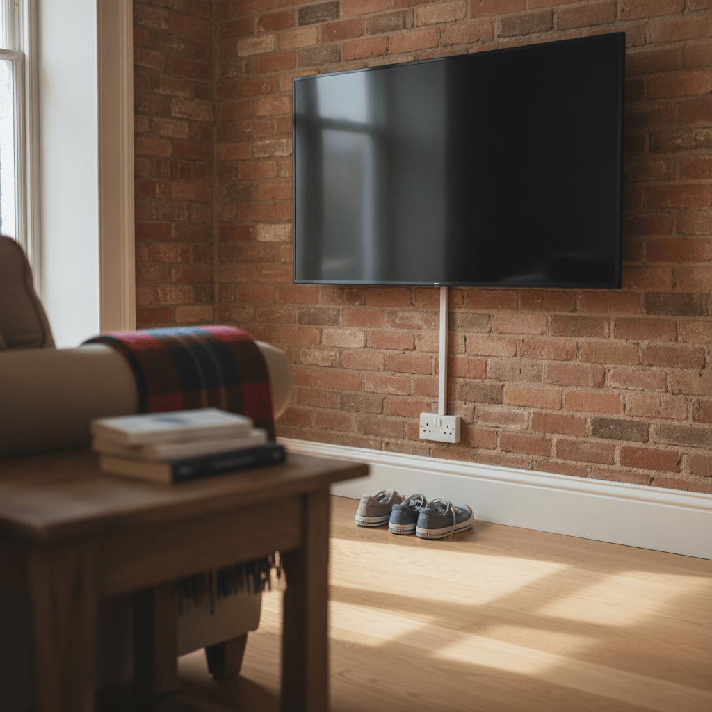 Wall-mounted TV on a full-motion bracket in a UK living room, brick wall visible, cables tidied with a cable raceway
