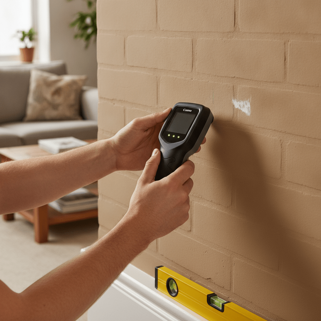 Person using a stud and cable scanner on a UK plastered brick wall before drilling for a TV bracket
