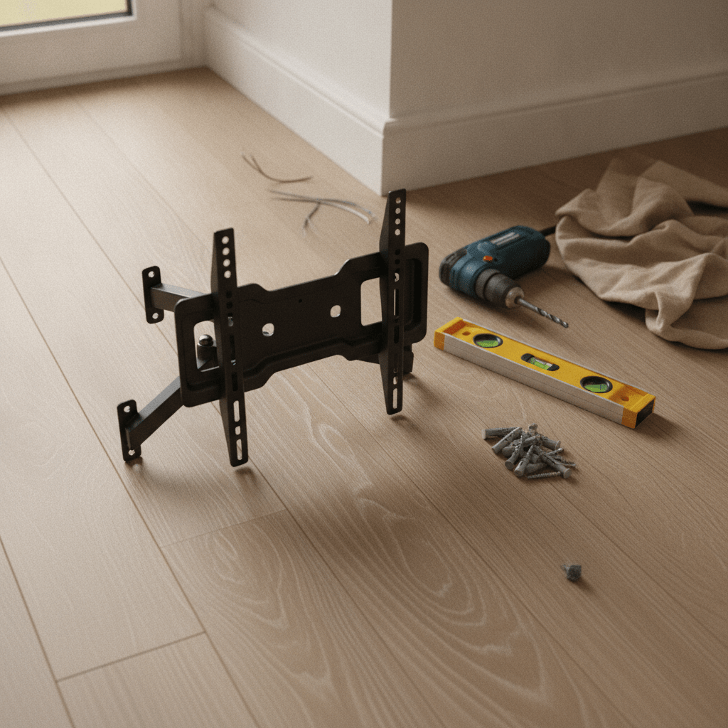 TV bracket, masonry wall plugs, drill and spirit level laid out on a UK living room floor ready for installation