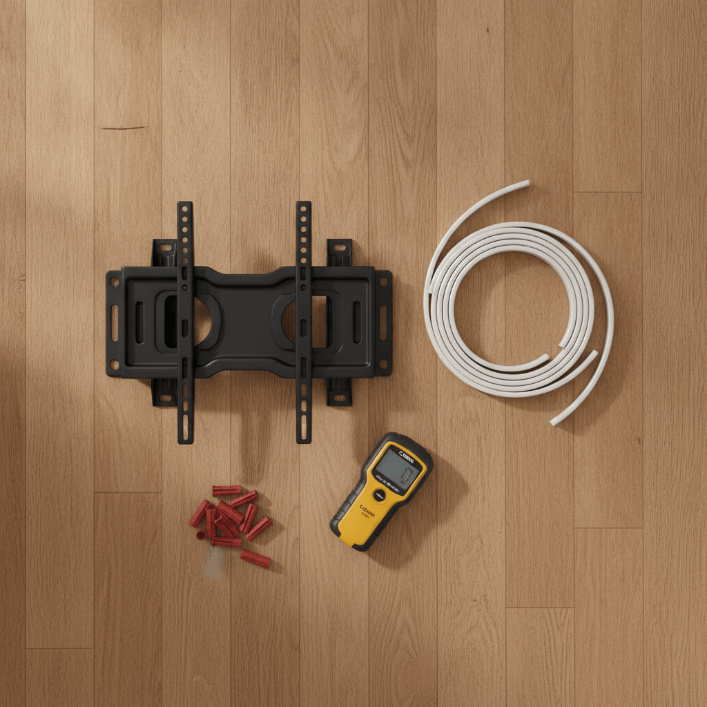 Flat-lay of TV wall mounting gear including bracket, cable raceway, stud finder and masonry wall plugs on a wooden floor