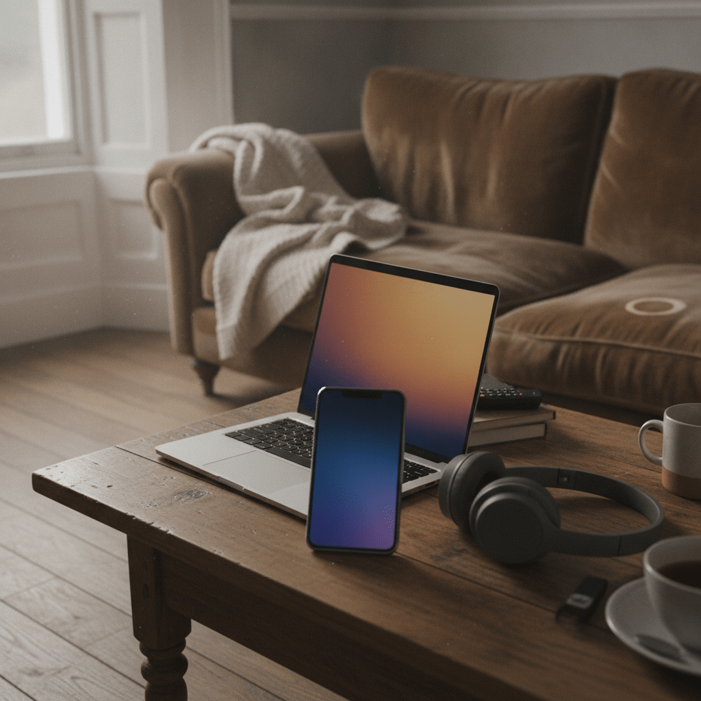 NordVPN app open on a smartphone screen next to a laptop showing BBC iPlayer in a UK living room