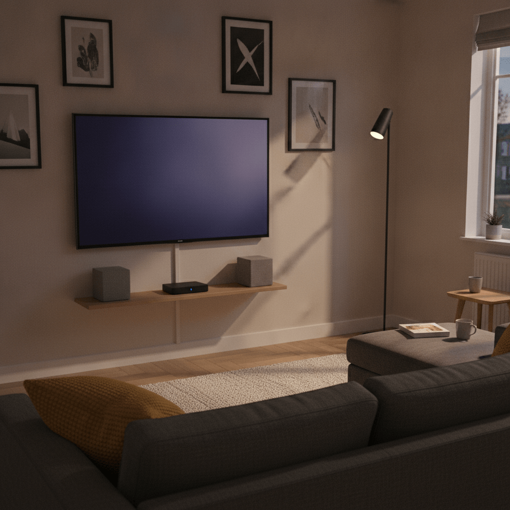 ExpressVPN MediaStreamer setup screen shown on a smart TV in a UK living room