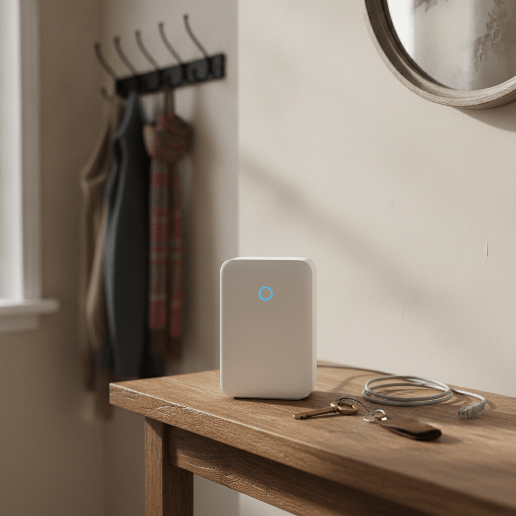 Plusnet Hub Two Wi-Fi router on a hallway table in a UK home, budget broadband router