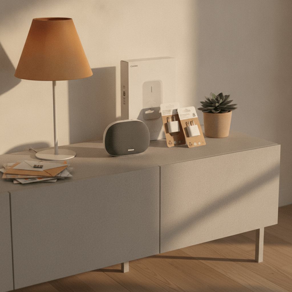 A UK living room with smart home devices — Amazon Echo Dot, TP-Link Tapo smart plugs and a Ring video doorbell box arranged on a modern sideboard next to a lamp
