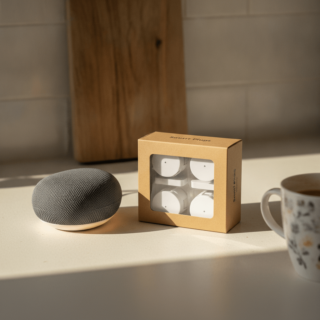 Amazon Echo Dot 5th generation smart speaker next to a 4-pack of TP-Link Tapo P100 smart plugs on a UK kitchen worktop — starter smart home bundle