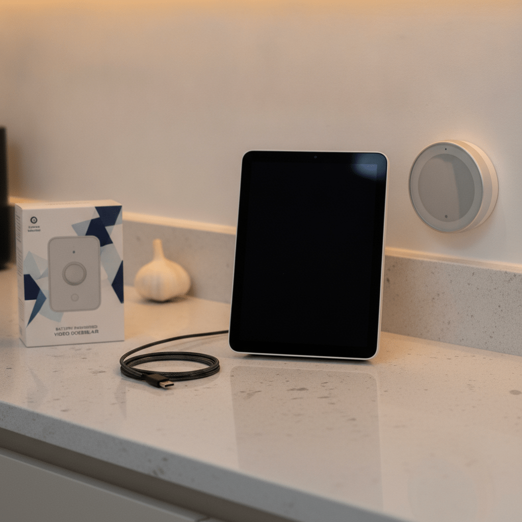 Amazon Echo Show 8 smart display on a UK kitchen counter next to a Hive smart thermostat on the wall and a Ring battery doorbell Plus box
