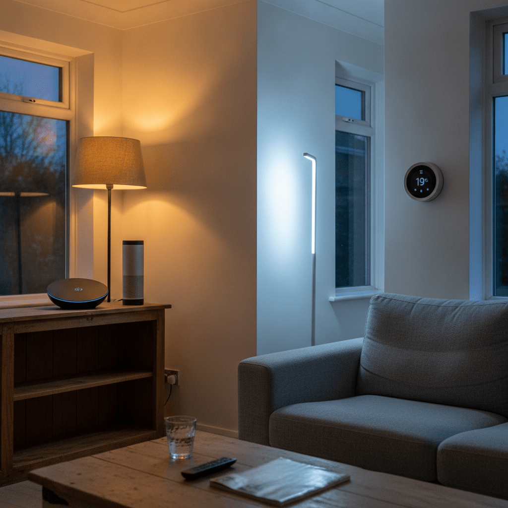 Full smart home setup in a UK detached house living room — Philips Hue colour lights, Ring Alarm base station on shelf, multiple Amazon Echo devices, and smart thermostat on wall