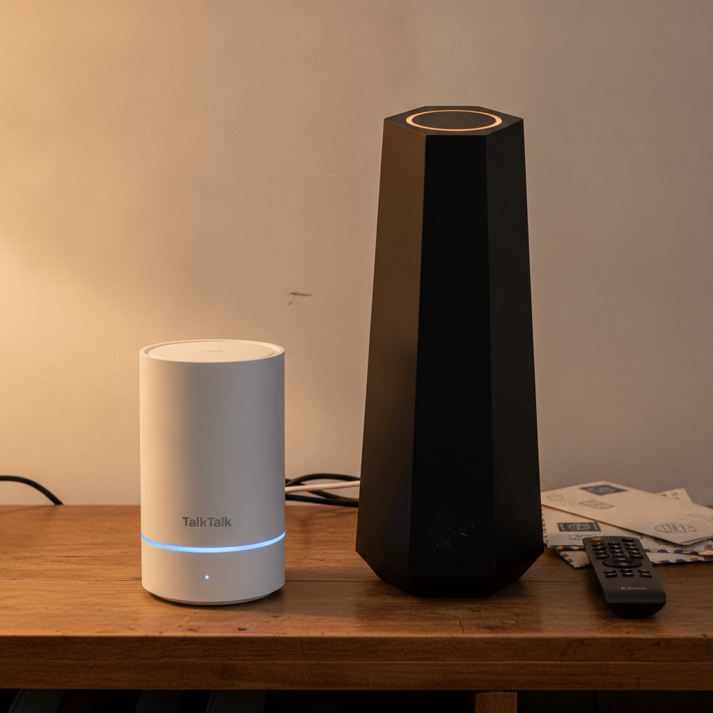 Split image showing a TalkTalk Wi-Fi Hub 3 router on one side and a Virgin Media Hub 5 router on the other, on a shelf in a UK living room