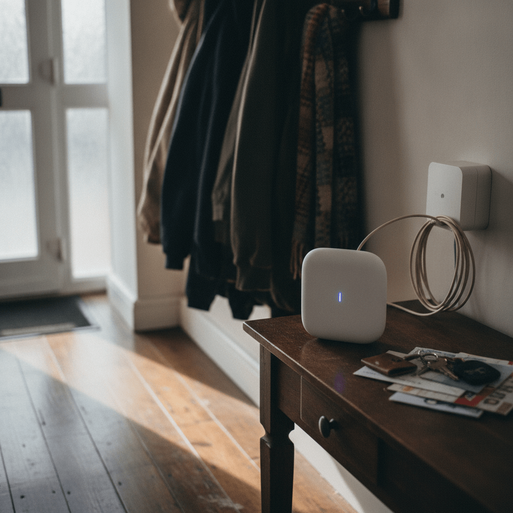 TalkTalk Full Fibre broadband installation with an Amazon eero 6 router on a hallway table in a UK terraced house