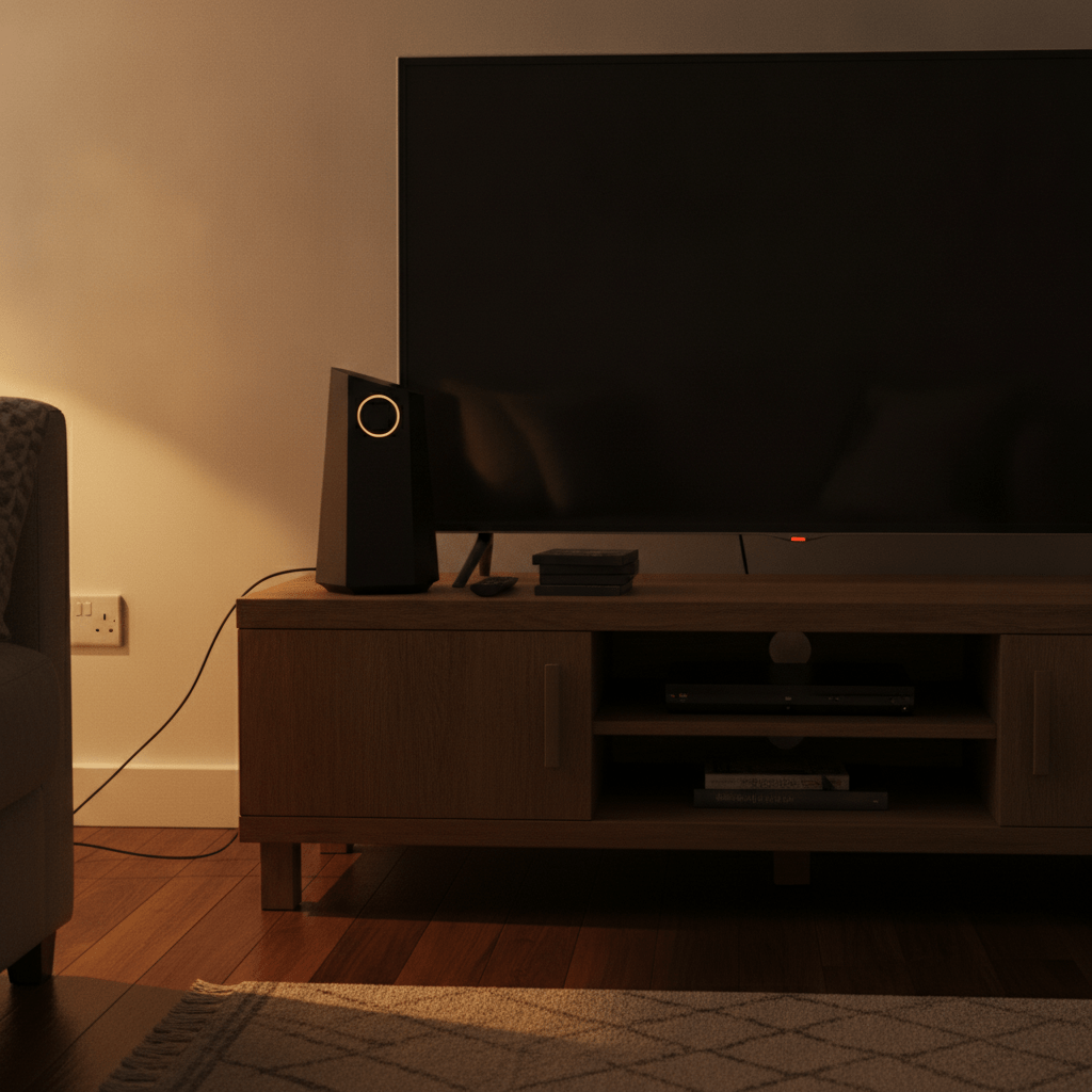 Virgin Media Hub 5 router with visible antennas sitting on a media unit next to a TV in a UK living room