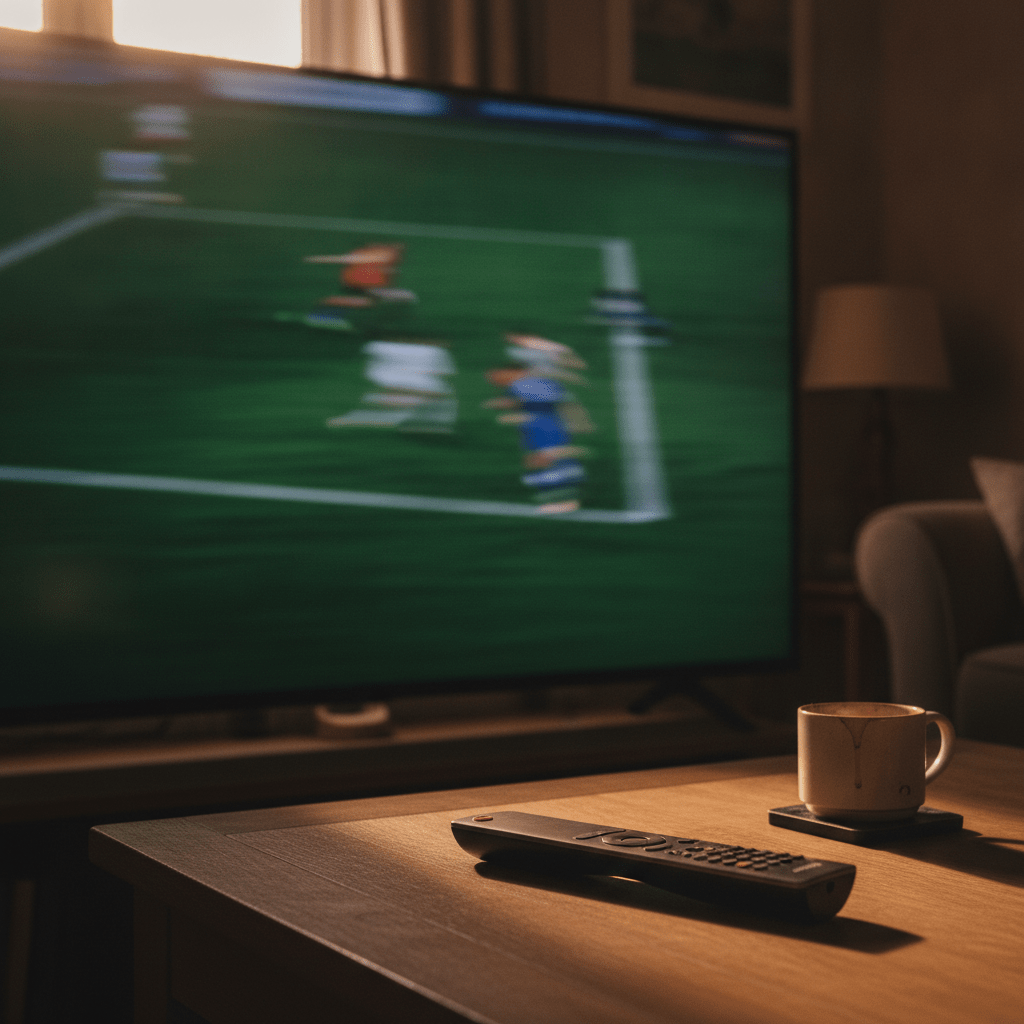 Close-up of a 120Hz 4K TV screen showing a fast-motion football match in a UK living room, with soft evening light