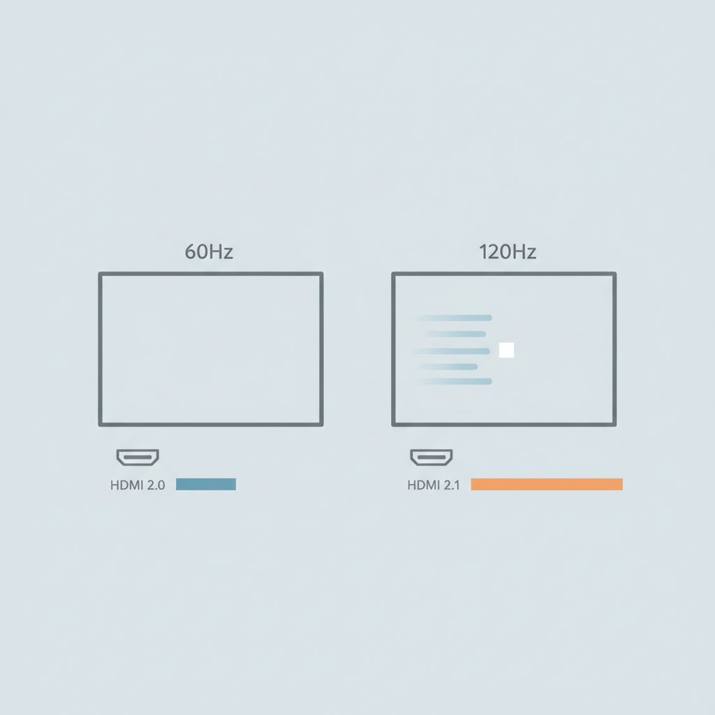 Infographic comparing 60Hz and 120Hz TV refresh rates side by side with HDMI 2.0 versus HDMI 2.1 bandwidth icons