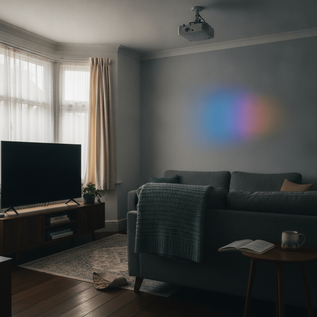 Split-scene UK living room comparison: a large flatscreen TV on one wall in daylight next to a projector image glowing on a screen in a dimmed room, typical British terraced house lounge with sofa and bay window