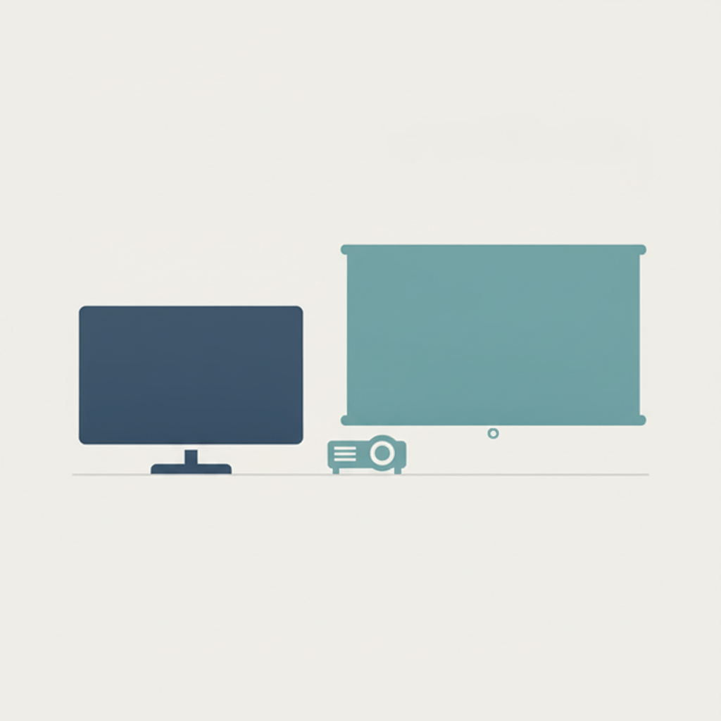 Side by side comparison graphic showing a 100-inch TV panel next to a 100-inch projector screen setup with approximate UK prices labelled, clean infographic style