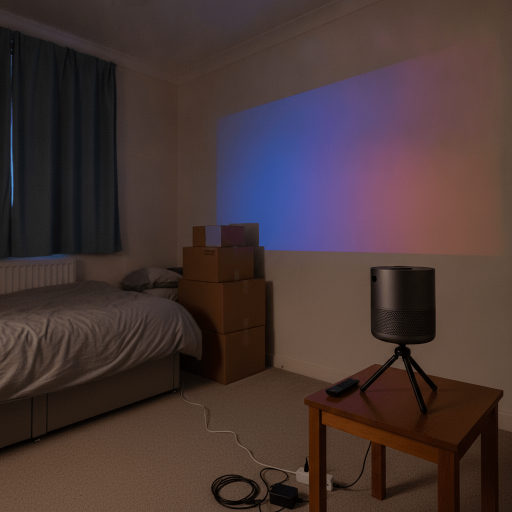 Compact budget home projector on a small tripod stand projecting an image onto a plain wall in a dimly lit UK spare bedroom