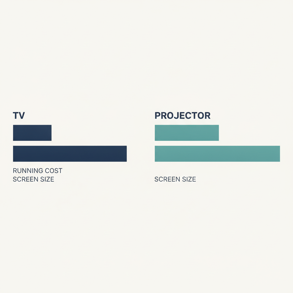Infographic bar chart comparing TV and projector running costs and screen size value over five years for a UK household