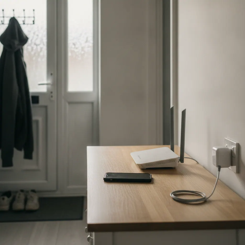 A modern white dual-band Wi-Fi router on a shelf in a UK living room, with a phone and a smart plug nearby showing Wi-Fi setup screens