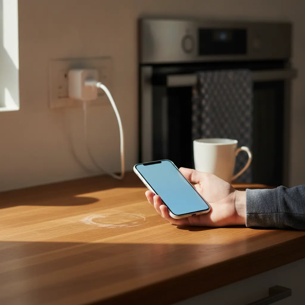 A person holding a smartphone running a smart plug pairing screen next to a TP-Link Tapo smart plug in a UK wall socket
