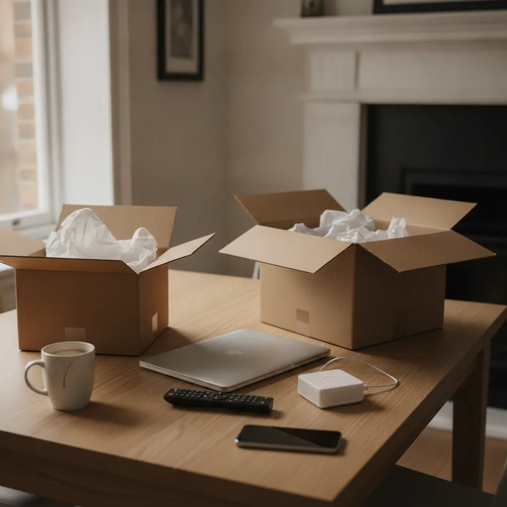 Amazon UK delivery boxes and a laptop, TV remote, mesh WiFi router and smart plug arranged on a table in a UK living room, representing Amazon tech deals across categories