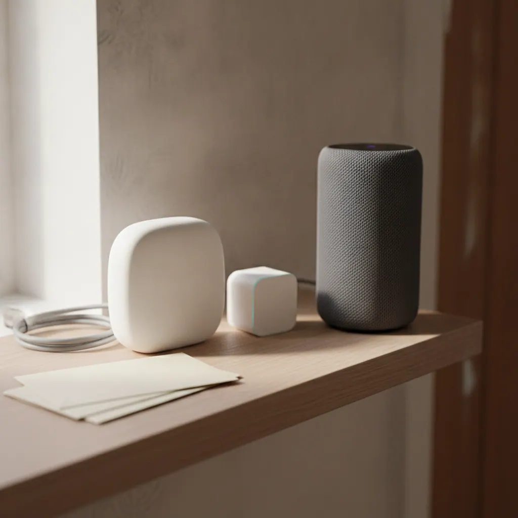 TP-Link Deco mesh WiFi node and a TP-Link Tapo smart plug on a shelf in a UK home, next to an Amazon Echo Dot smart speaker