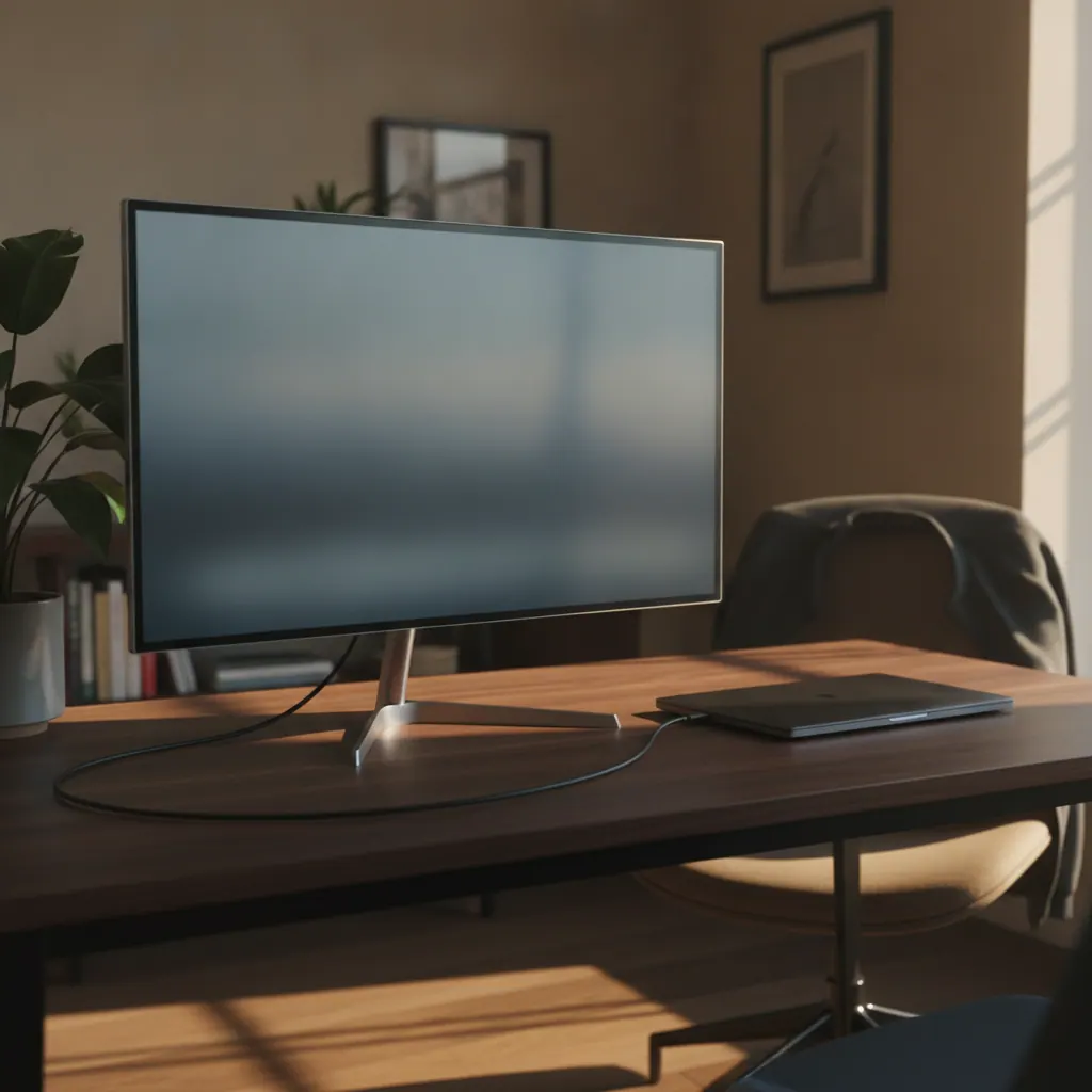 Dell 27 Plus S2725QC 4K monitor on a home office desk connected to a laptop via USB-C cable