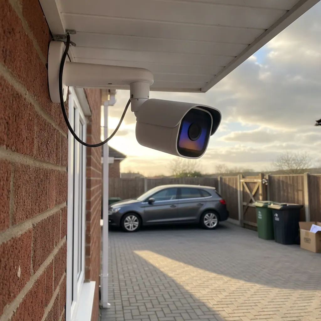 A white outdoor security camera mounted under the eaves of a UK semi-detached house, pointing down a paved driveway with a car and wheelie bins