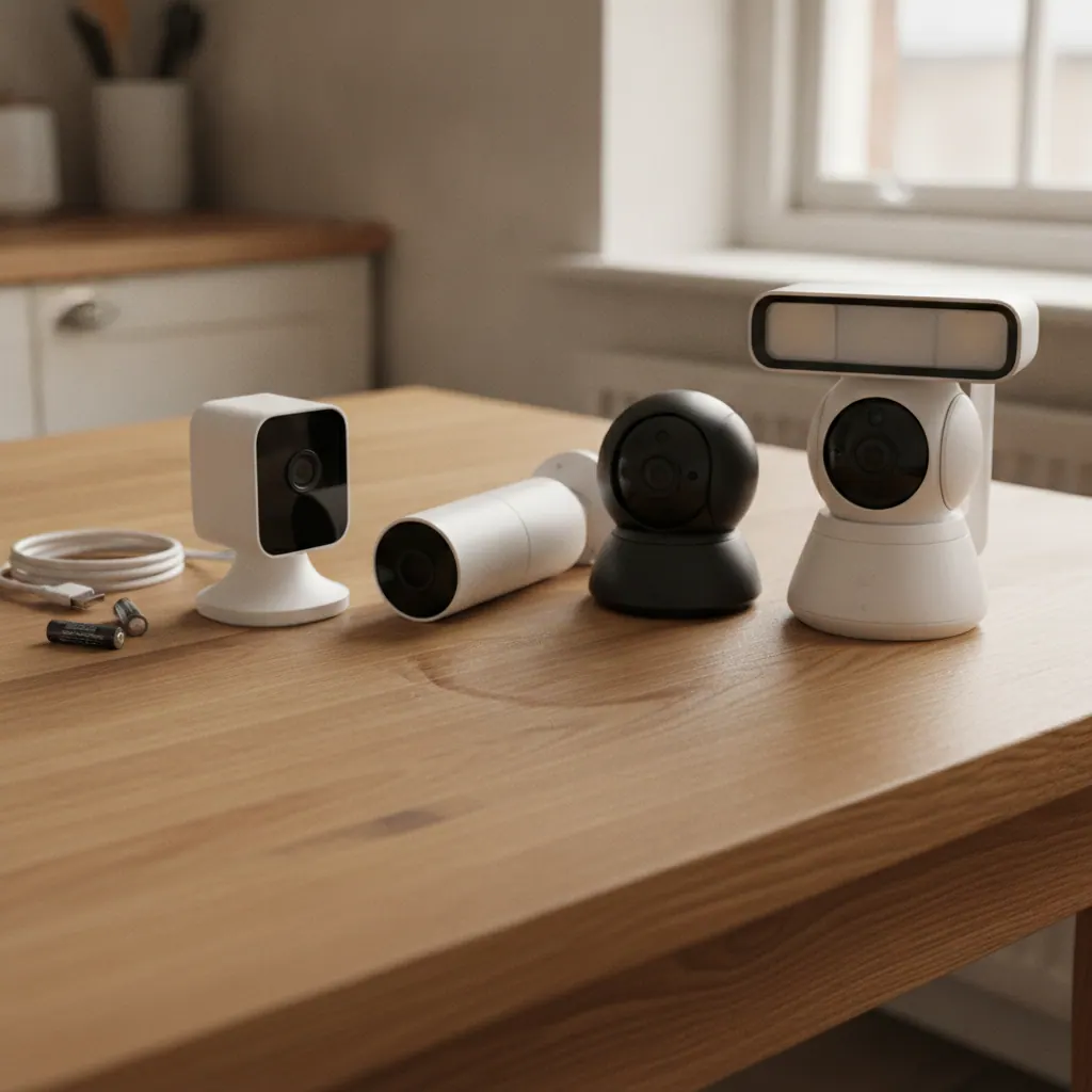 Infographic comparing Ring, Eufy, Arlo, Reolink, Tapo, Google Nest and Blink home security cameras by price, resolution and whether a subscription is required