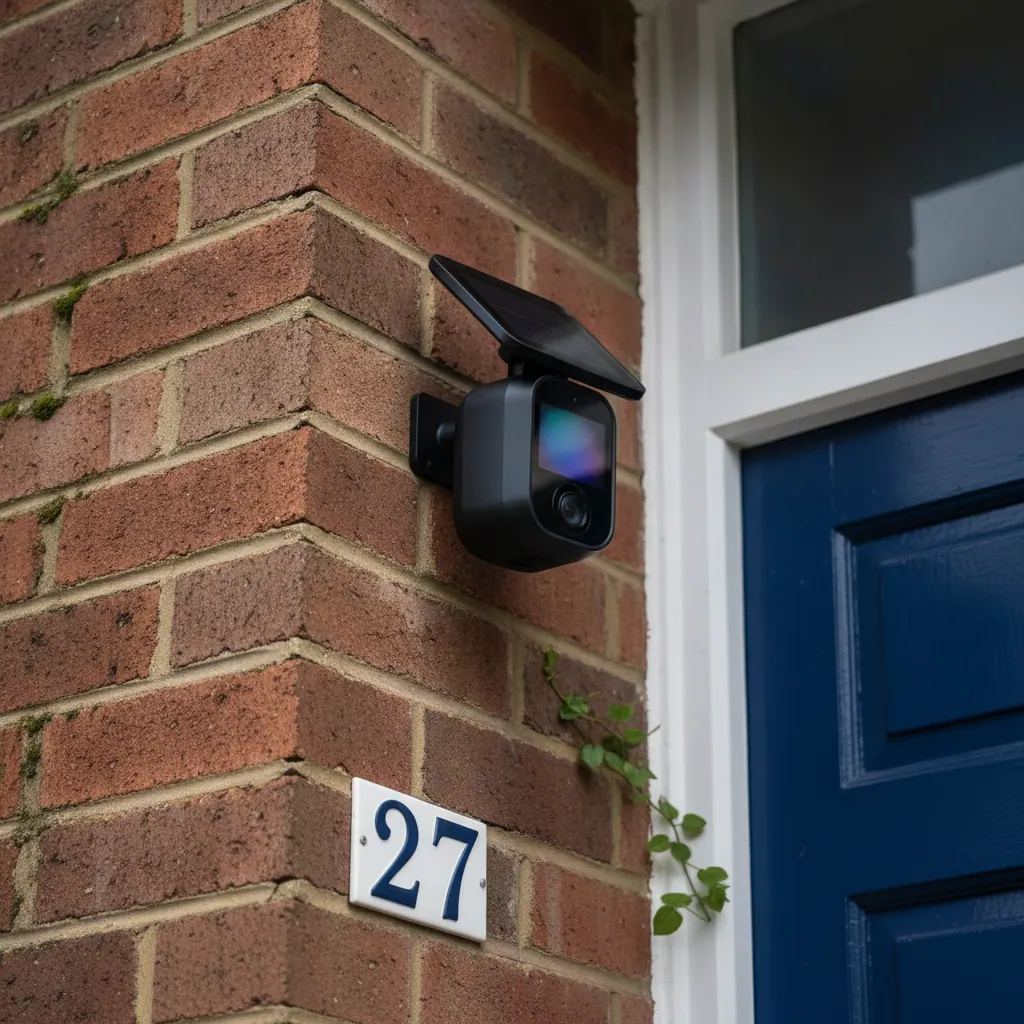 Eufy SoloCam S340 black outdoor camera with solar panel on top, mounted on a red-brick UK house wall above a front door