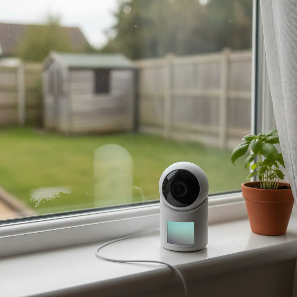 TP-Link Tapo C120 small white wired security camera on a windowsill indoors, pointing out at a UK back garden