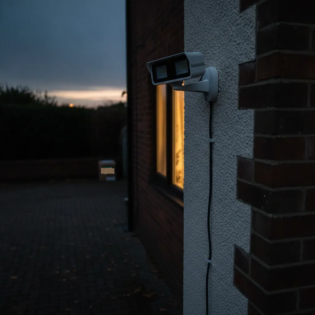 Reolink Elite Floodlight wired security camera with twin LED floodlight panels mounted high on a UK house wall above a driveway at dusk
