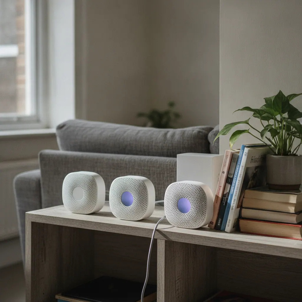 Three white TP-Link Deco and Amazon eero mesh WiFi nodes arranged on a shelf in a UK terraced house living room