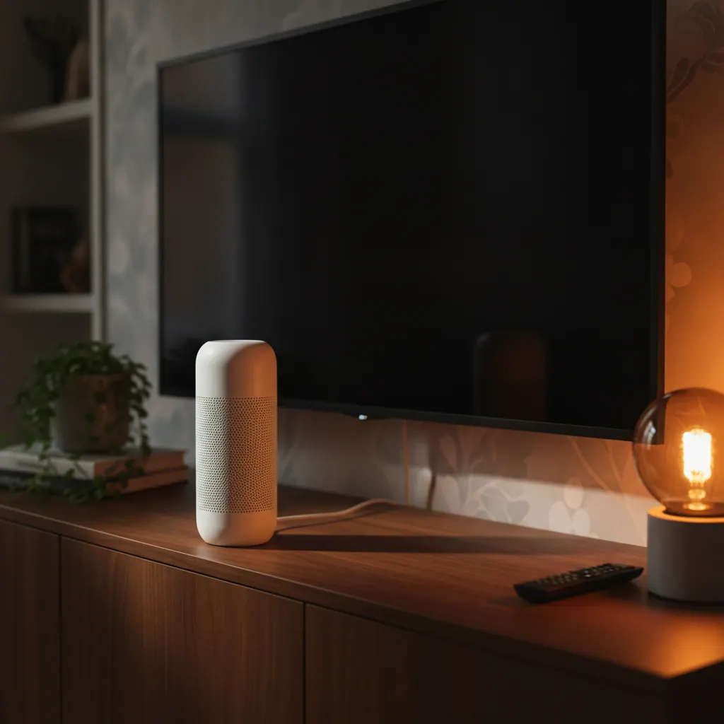 TP-Link Deco X55 white cylindrical mesh WiFi node on a sideboard next to a TV in a UK living room