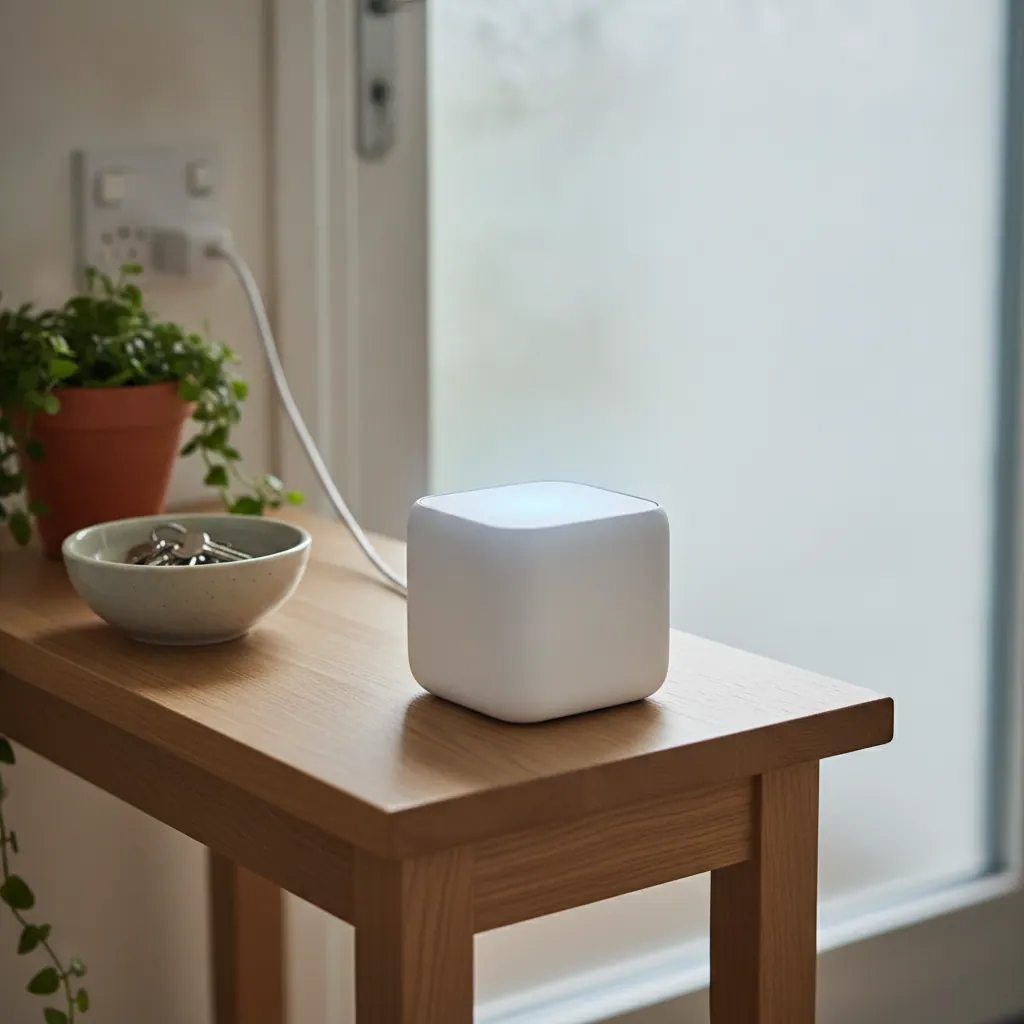 Amazon eero 6+ small white square mesh WiFi node plugged in on a hallway table in a UK home