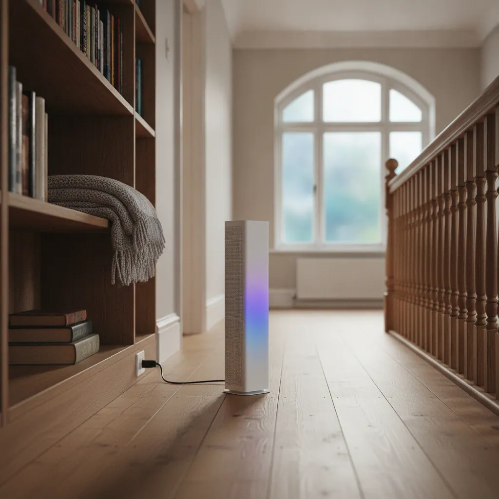 Netgear Orbi 770 Series tall white mesh WiFi tower node beside a bookshelf in a large UK detached house hallway