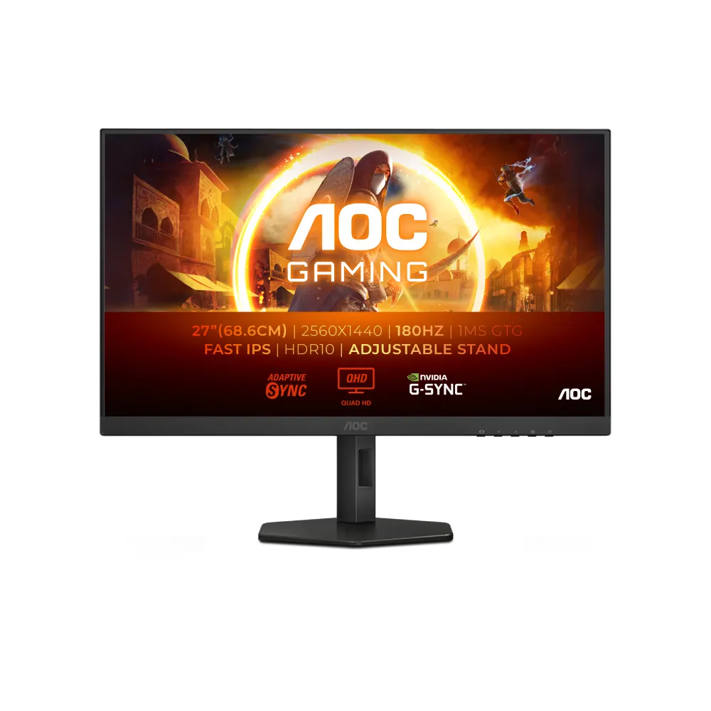 AOC Q27G4XF gaming monitor real product photo, front view on stand
