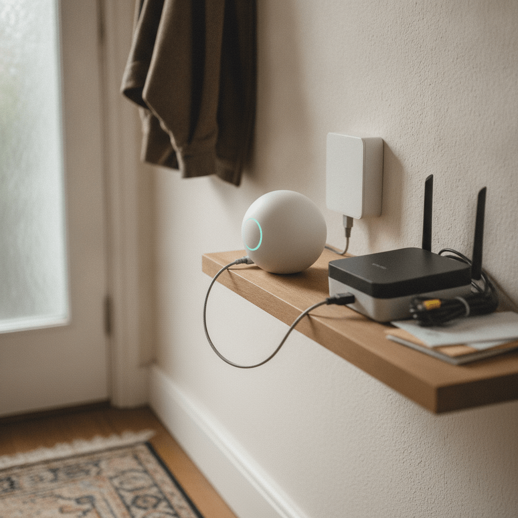 Third-party Wi-Fi router connected to an Openreach ONT beside a disconnected EE Smart Hub in a UK home