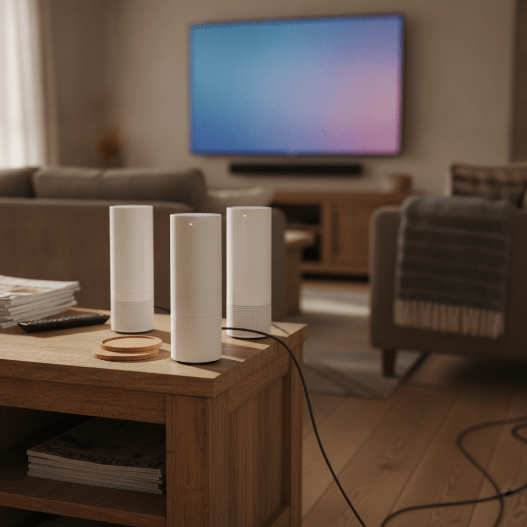 TP-Link Deco BE65 tri-band Wi-Fi 7 mesh three-pack on a shelf in a UK living room