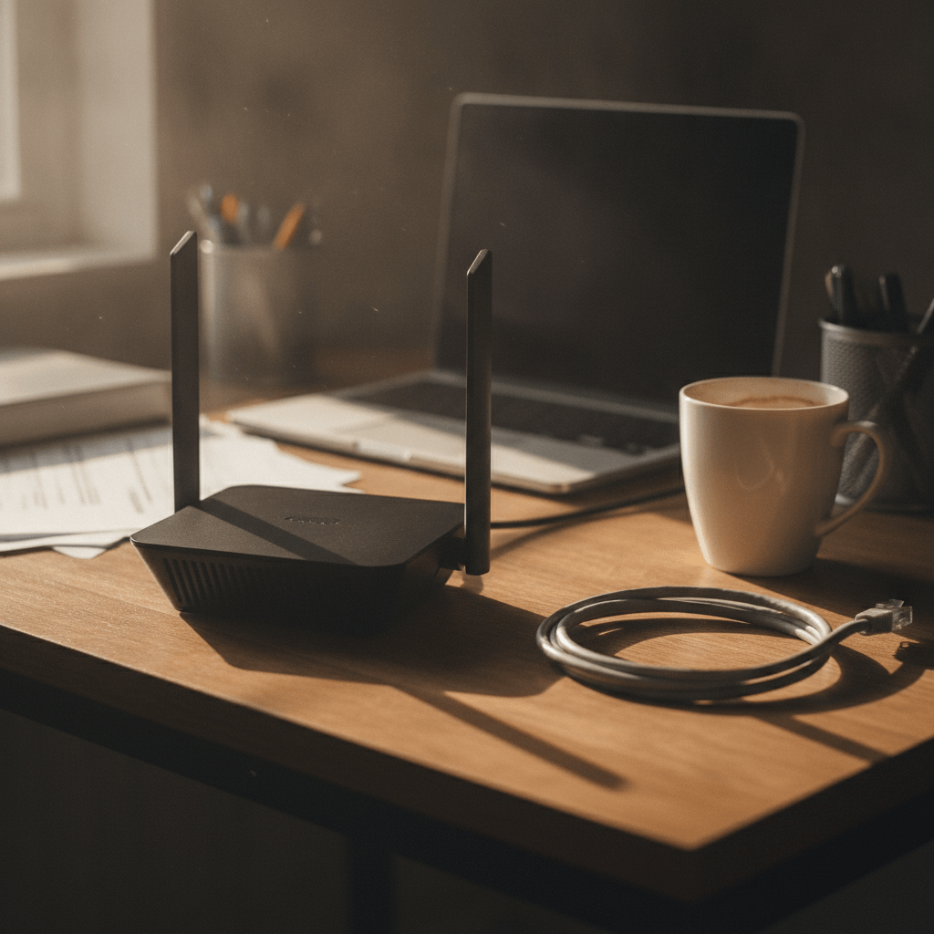Asus RT-BE58U dual-band Wi-Fi 7 router on a desk next to an Ethernet cable