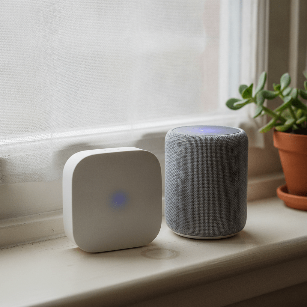 Amazon eero 7 mesh Wi-Fi unit beside an Amazon Echo on a windowsill in a UK home