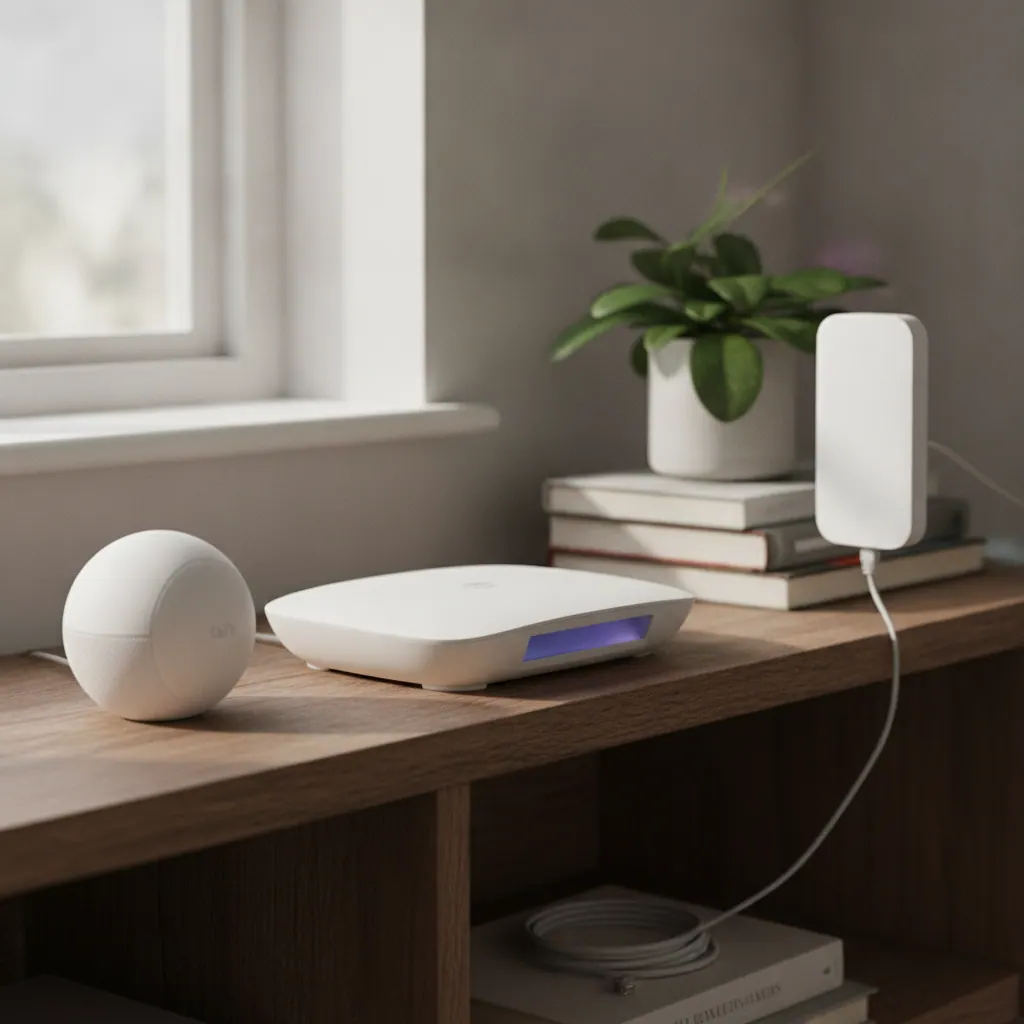 Third-party TP-Link Deco mesh unit in access-point mode beside a Sky Broadband Max Hub and an Openreach ONT box on a shelf in a UK living room