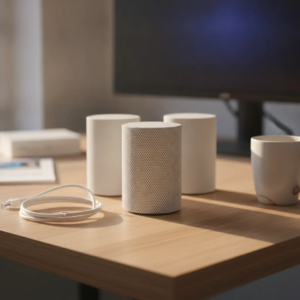 TP-Link Deco X55 dual-band Wi-Fi 6 mesh three-pack on a shelf next to a Sky Broadband hub in a UK home
