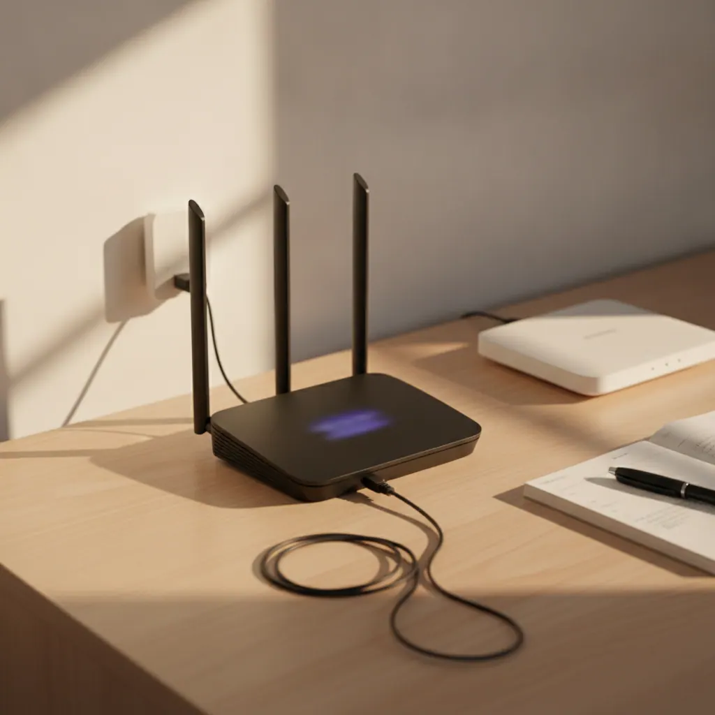 ASUS RT-AX88U Pro router on a desk connected by Ethernet to an Openreach ONT, with the Sky hub set aside