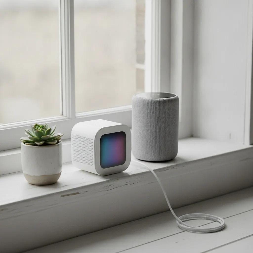 Amazon eero 6+ mesh Wi-Fi unit beside an Amazon Echo on a windowsill in a UK home
