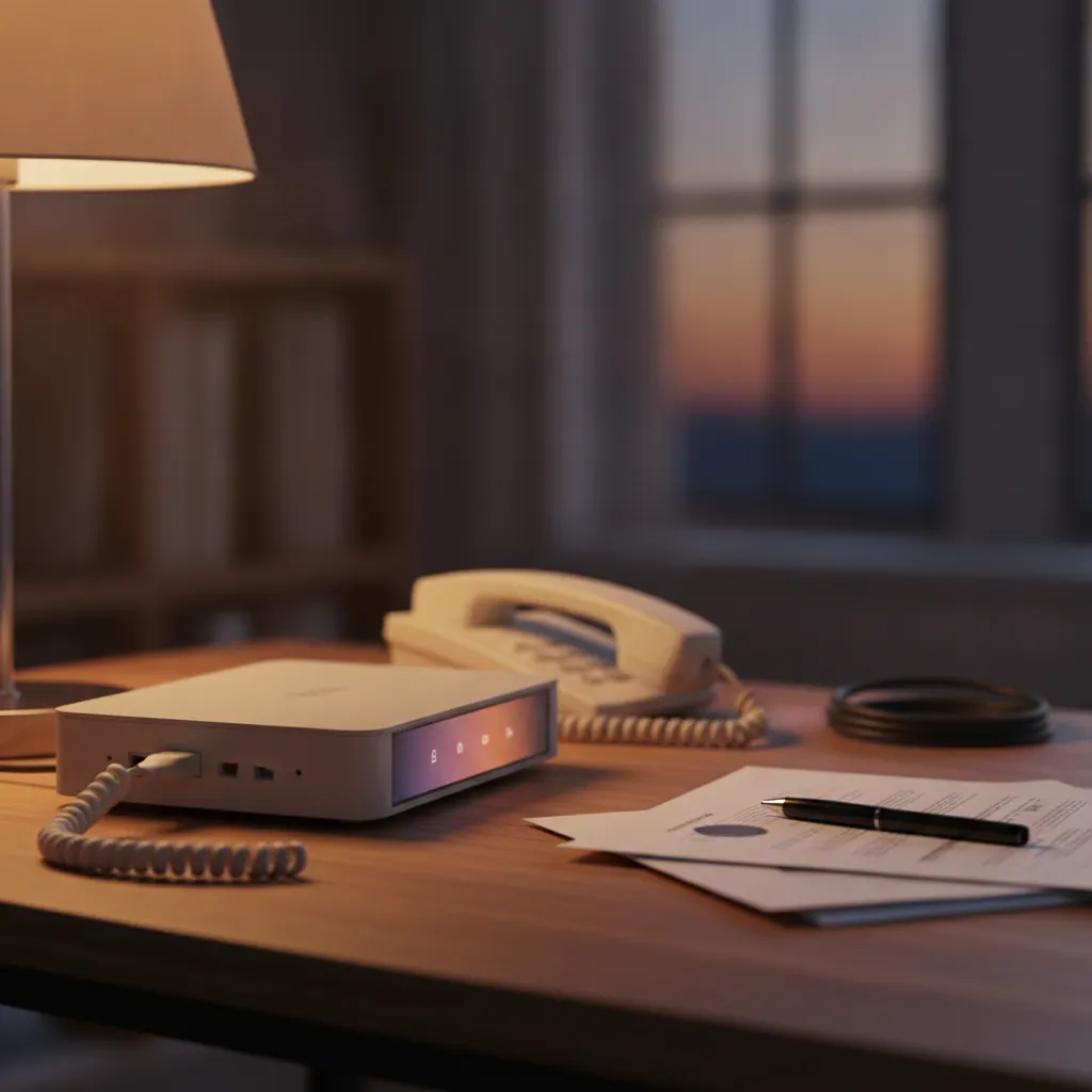 DrayTek Vigor 2766 router with a corded telephone plugged into its phone port on a home office desk