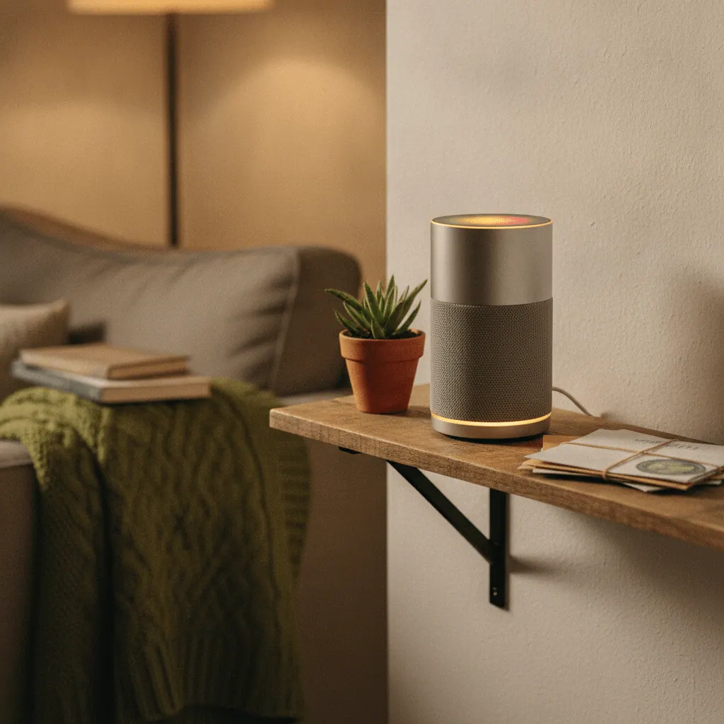 Amazon Echo Hub, Google Nest Hub, an Aeotec SmartThings hub and a Home Assistant Green mini PC lined up together on a shelf in a UK living room