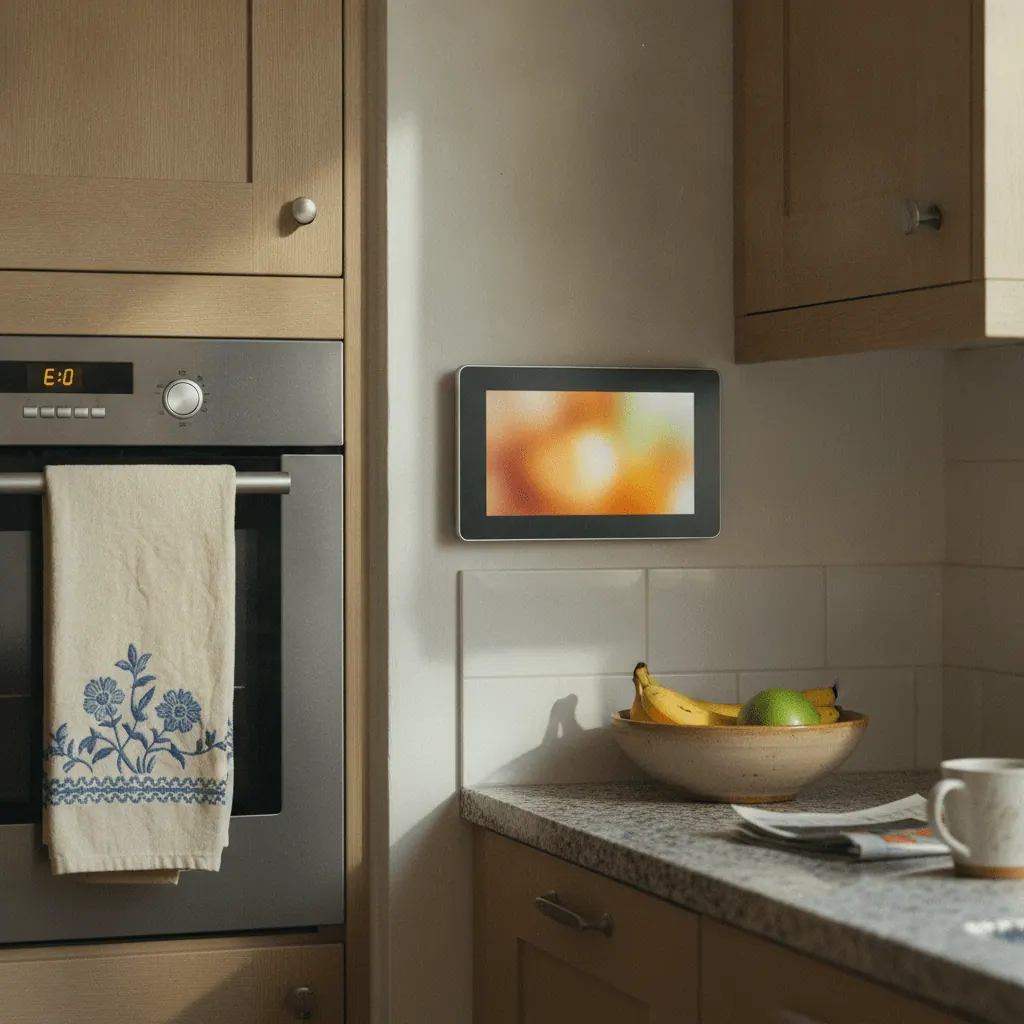 Amazon Echo Hub 8-inch smart home control panel mounted on a kitchen wall in a UK home showing device controls