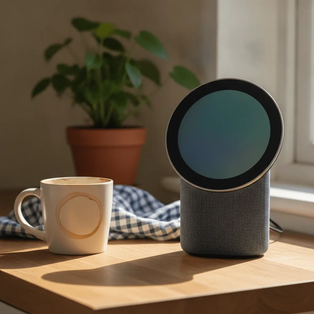 Google Nest Hub 2nd generation smart display on a kitchen worktop in a UK home showing the Google Home app controls
