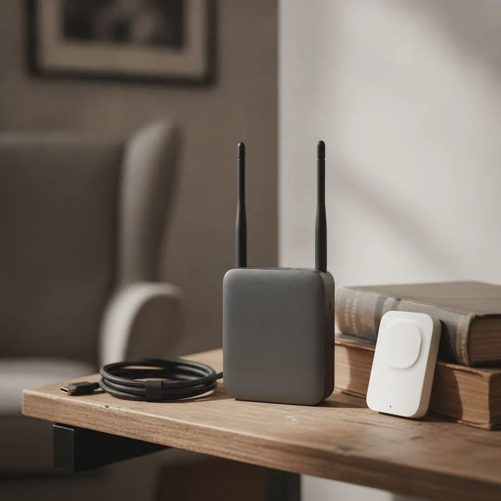 Aeotec Smart Home Hub (SmartThings) with Zigbee and Z-Wave antennas on a shelf next to a Z-Wave door sensor in a UK home