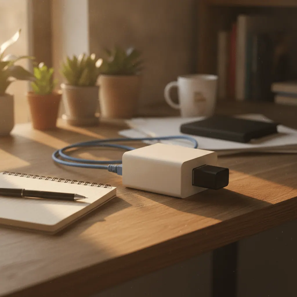 Home Assistant Green mini PC and a Home Assistant Connect ZBT-2 Zigbee USB dongle plugged into a small home network setup on a UK desk
