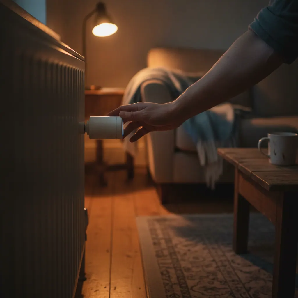 Person adjusting a tado Smart Radiator Thermostat X smart valve fitted to a white radiator in a UK living room